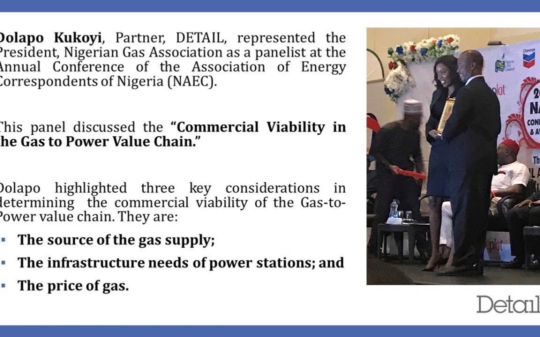 Dolapo Kukoyi, Partner, DETAIL, being presented with an Appreciation Award for representing the President, Nigerian Gas Association as a panelist at the Annual Conference of the Association of Energy Correspondents of Nigeria (NAEC)