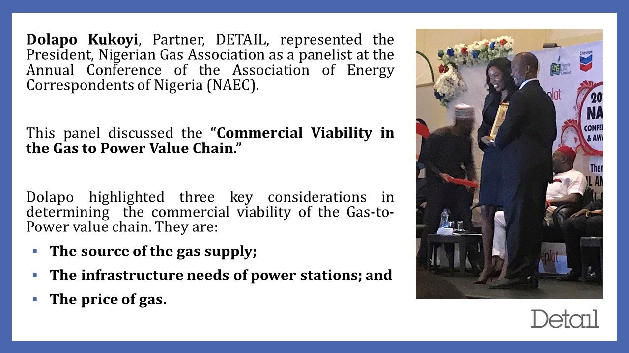 Dolapo Kukoyi, Partner, DETAIL, being presented with an Appreciation Award for representing the President, Nigerian Gas Association as a panelist at the Annual Conference of the Association of Energy Correspondents of Nigeria (NAEC)