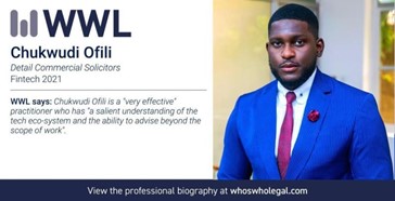 We are pleased to announce that our Partner, Chukwudi (Chudi) Ofili, has been recognized by Who’s Who Legal as a “Global Leader” and “Recommended Lawyer” in #Fintech in Nigeria in the maiden edition of its Legal Fintech & Blockchain 2021 Market.